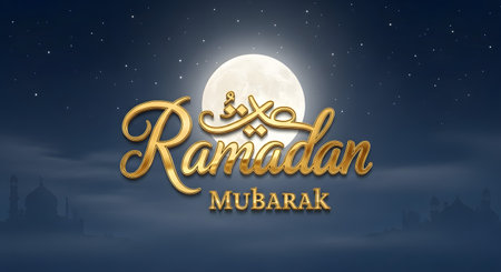 Elegant golden Arabic calligraphy for Ramadan Mubarak shines brightly against a dark night sky with a luminous full moon and subtle stars.の素材