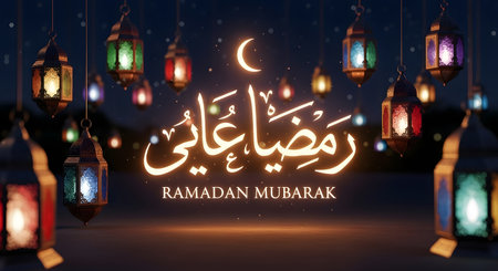 Beautiful Arabic calligraphy for Ramadan Mubarak glows amidst colorful hanging lanterns and a crescent moon against a starry night sky.の素材