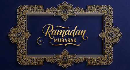 A decorative golden frame with intricate patterns surrounds elegant Arabic calligraphy wishing a blessed Ramadan.の素材