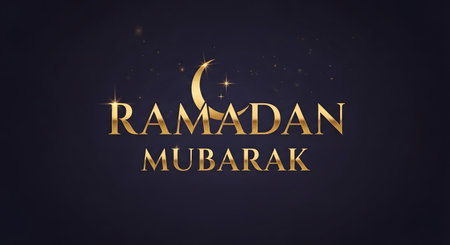 A dark background with glowing golden text reading Ramadan Mubarak, featuring a crescent moon and subtle stars, evoking a festive and spiritual mood.の素材