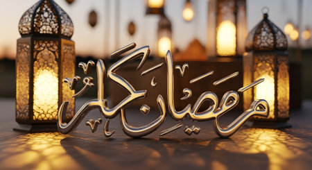 Beautiful Ramadan Kareem calligraphy in Arabic script, illuminated by ornate lanterns and soft bokeh lights, creating a festive and spiritual atmosphere.の素材