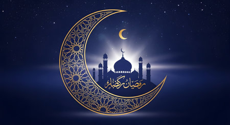 A decorative golden crescent moon with intricate patterns overlays a silhouette of a mosque and a small moon against a dark, starry background.の素材