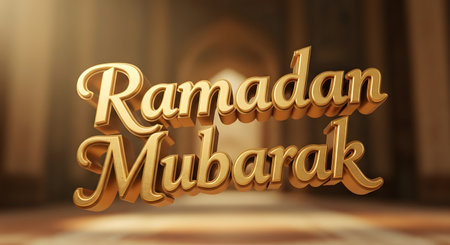 Elegant 3D golden text reads Ramadan Mubarak against a warm, blurred background with subtle architectural hints.の素材
