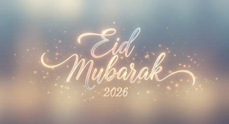 A beautiful Eid Mubarak greeting in elegant calligraphy, illuminated by soft bokeh lights and subtle sparkles.の素材