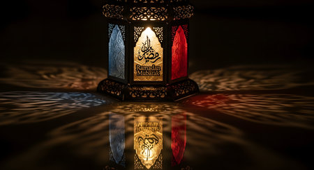 A detailed, ornate lantern glows with warm light, projecting intricate patterns and vibrant colors onto a dark surface and its reflection.の素材