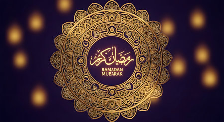 A detailed golden Islamic mandala design features Arabic calligraphy at its center, set against a dark purple background with glowing bokeh lights.の素材