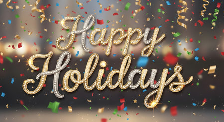 A festive greeting with shimmering 'Happy Holidays' text surrounded by falling confetti and blurred colorful bokeh lights.の素材