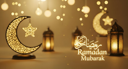 A festive Ramadan Mubarak scene featuring illuminated crescent moons, stars, and traditional lanterns against a bokeh background.の素材