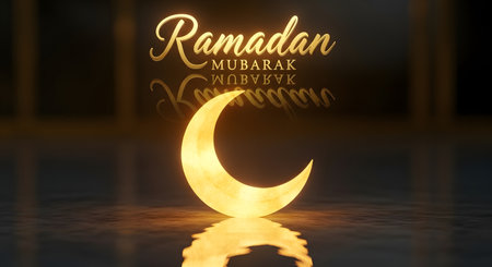 A luminous crescent moon glows brightly, reflecting on a dark, wet surface, with elegant 'Ramadan Mubarak' text above.の素材