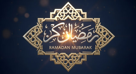 A central golden ornament frames Arabic calligraphy for Ramadan Kareem and Ramadan Mubarak text. Soft bokeh lights add a festive atmosphere.の素材