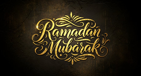 Luxurious golden calligraphy of Ramadan Mubarak with ornate flourishes against a dark, textured background, conveying a sense of celebration and reverence.の素材
