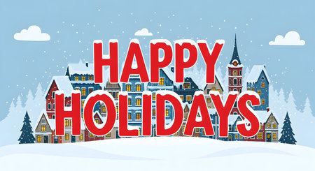 A charming winter village covered in snow, with tall trees and a church steeple, under a snowy sky. Large red text proclaims Happy Holidays.の素材