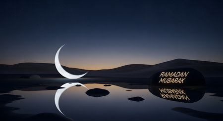 A glowing crescent moon is reflected in still water, with dark mountains silhouetted against a twilight sky.の素材