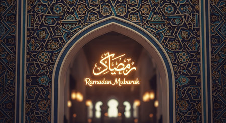 Intricate Islamic patterns adorn an archway framing glowing Arabic calligraphy for Ramadan Kareem and the English phrase Ramadan Mubarak.の素材