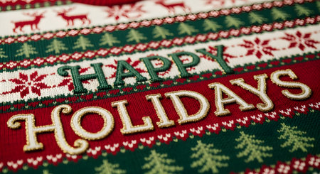 Close-up of the words Happy Holidays on a red banner, set against a background with traditional Christmas patterns and colors.の素材