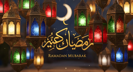 A collection of vibrant, glowing lanterns in various colors illuminates a night sky with a crescent moon and Ramadan Kareem calligraphy.の素材