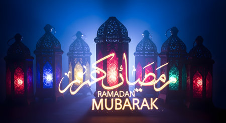 Traditional Ramadan lanterns glow with colorful lights and Arabic calligraphy, creating a festive and spiritual atmosphere for the holy month.の素材
