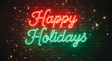 A vibrant neon sign in red and green reads Happy Holidays against a dark brick wall with shimmering lights.の素材