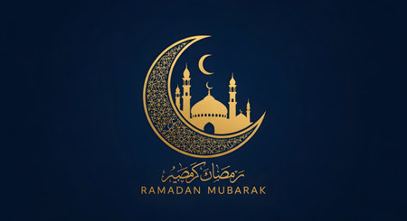 A stylized golden crescent moon encloses a mosque silhouette with Arabic calligraphy and Ramadan Mubarak text on a dark blue background.の素材