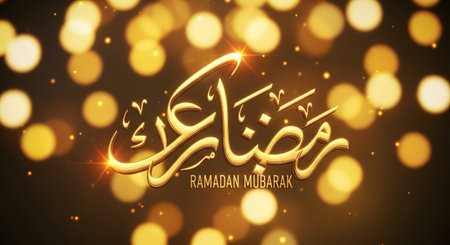 Elegant golden Arabic calligraphy for Ramadan Kareem glows against a dark background filled with soft, blurred bokeh lights.の素材