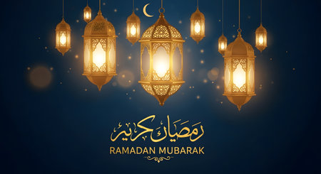 Traditional Ramadan lanterns illuminate a dark blue night sky with a crescent moon and glowing particles, conveying a festive and spiritual atmosphere.の素材