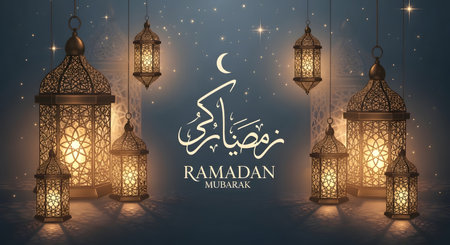 Intricate Ramadan lanterns glow warmly against a dark, starry night sky, featuring elegant Arabic calligraphy and the word Ramadan.の素材