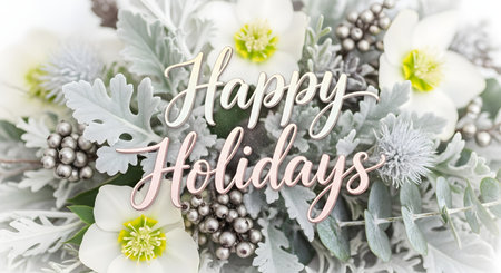 A beautiful, soft focus image of a winter floral arrangement featuring white flowers and greenery, with a 'Happy Holidays' message.の素材