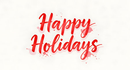 A festive white background features elegant red calligraphy spelling out 'Happy Holidays' with watercolor splatters.の素材