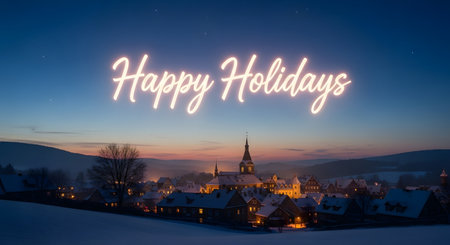 A bright neon "Happy Holidays" sign hovers over a snow-covered village nestled in a valley as the sky transitions from dusk to night.の素材