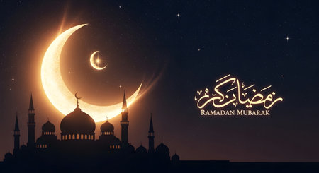 A glowing crescent moon illuminates a mosque silhouette under a starry night sky, with Arabic calligraphy for Ramadan Kareem.の素材