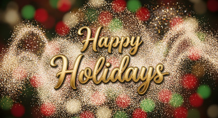 Golden cursive text 'Happy Holidays' shines brightly against a blurred background of colorful festive lights and sparkles.の素材