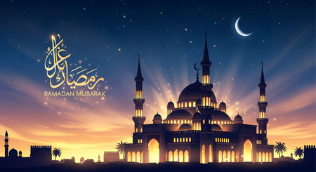 A grand mosque with glowing lights stands silhouetted against a vibrant sunset sky with a crescent moon and stars.の素材