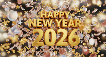 Golden balloons spell out Happy New Year 2026 amidst a vibrant explosion of colorful confetti and bokeh lights.の素材
