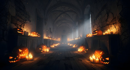 A spooky, dimly lit forest path illuminated by rows of carved and lit pumpkins, creating a haunting Halloween atmosphere.の素材