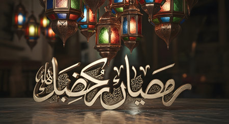 Elegant Arabic calligraphy for Ramadan Kareem is illuminated by a cascade of colorful, glowing lanterns, creating a festive and spiritual atmosphere.の素材