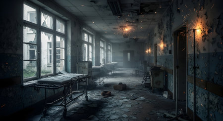 A long, dark, and dusty hallway in an abandoned building with large windows and eerie flickering lights casting shadows.の素材