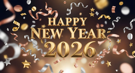 A festive and celebratory image featuring the text Happy New Year 2026 surrounded by shimmering confetti and streamers.の素材