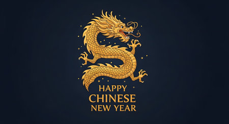 A majestic golden dragon coiled against a dark blue background, with the words Happy Chinese New Year elegantly displayed below.の素材