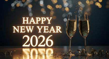 Two champagne flutes filled with bubbly stand ready for a toast against a backdrop of glowing lights and the year 2026.の素材