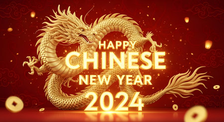 A majestic golden dragon coiled around glowing text wishing a Happy Chinese New Year for 2024, set against a festive red background.の素材