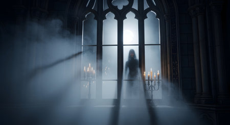 A hauntingly beautiful silhouette of a person stands in a large, gothic window, shrouded in mist and dramatic light.の素材