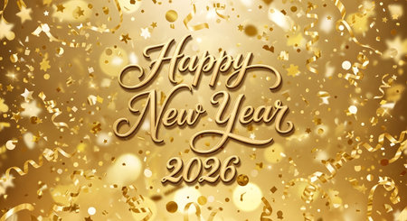 A festive golden background with shimmering confetti and the text Happy New Year 2026 in elegant script.の素材