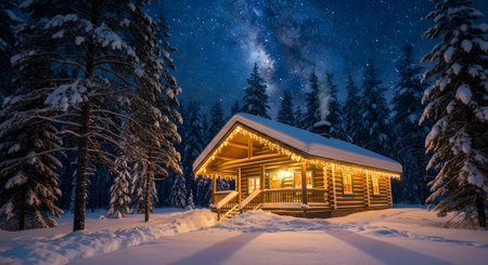A warm, inviting cabin glows with light amidst a snow-covered forest. The night sky above is filled with stars and the Milky Way.の素材