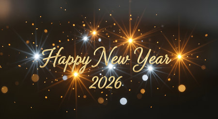 A dark background illuminated by bright starbursts and bokeh lights, celebrating the arrival of the new year.の素材