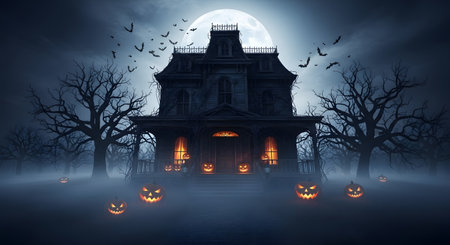 A silhouette of a haunted mansion stands against a full moon, surrounded by bare trees, bats, and glowing jack-o'-lanterns.の素材