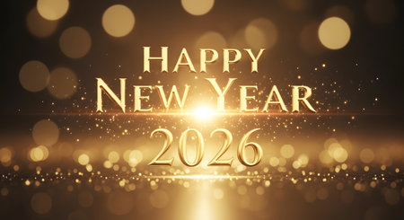 A radiant New Year's Eve greeting for 2026, featuring glowing text and a festive bokeh background with sparkling lights.の素材