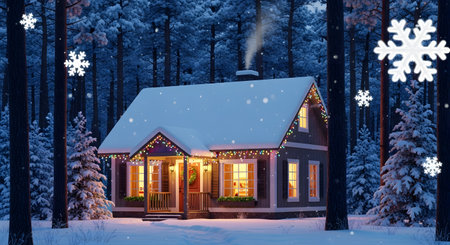 A charming, snow-covered cabin glows with warm light amidst a dark, snowy forest with falling snowflakes.の素材