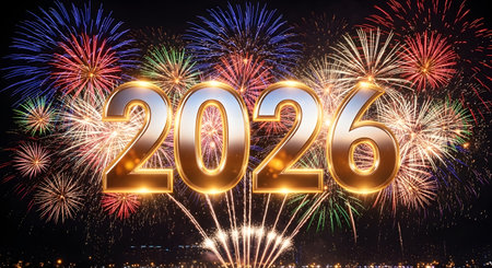 A vibrant and dazzling fireworks show illuminates the night sky, featuring the prominent golden numerals of 2026.の素材
