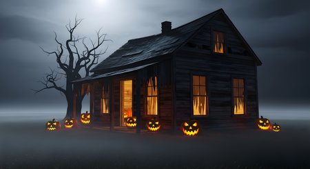 A dark, ominous haunted house stands under a foggy, moonlit sky, surrounded by glowing jack o lanterns and a bare, creepy tree.の素材