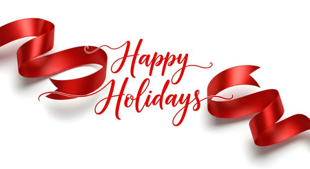 A festive red ribbon curls across a white background, framing the words 'Happy Holidays' in elegant script.の素材